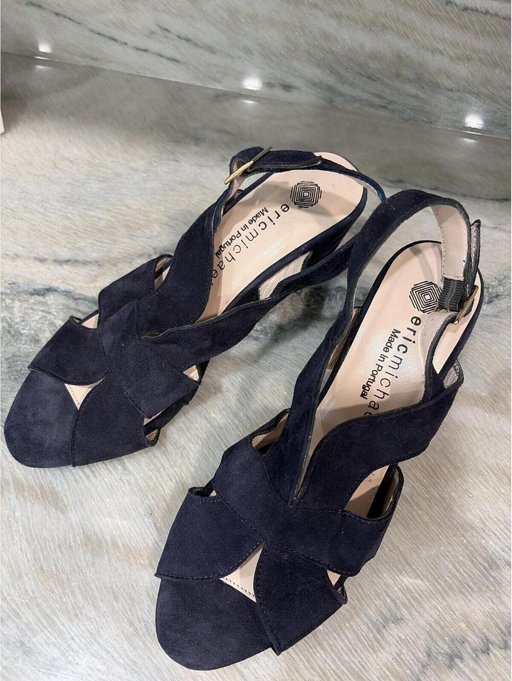 Eric Michael Navy Suede Crisscross Block Heel Sandals